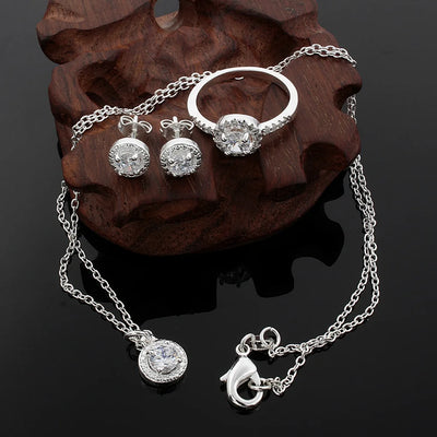 Shiny crystal necklace, earrings, ring silver jewelry set