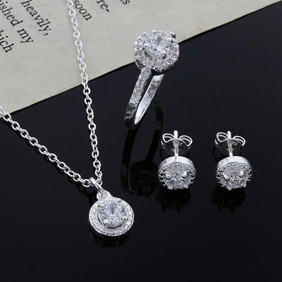 Shiny crystal necklace, earrings, ring silver jewelry set