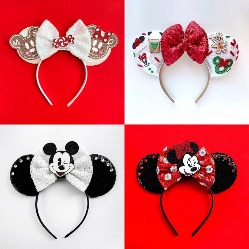 Disney Christmas Minnie Ears Headbands Mickey Mouse Hair Accessories Women Girls Hairbands Sequins Bow Headwear Kids Party Gifts