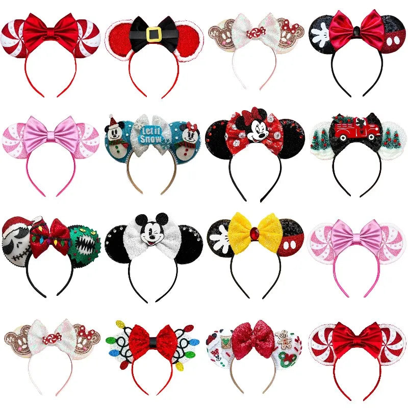 Disney Christmas Minnie Ears Headbands Mickey Mouse Hair Accessories Women Girls Hairbands Sequins Bow Headwear Kids Party Gifts